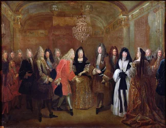 Ludvig XIV (1638-1715) välkomnar kurfursten av Sachsen, Fredrik Augustus II (1670-1733) till Fontainebleau, 27 september 1714, 1715